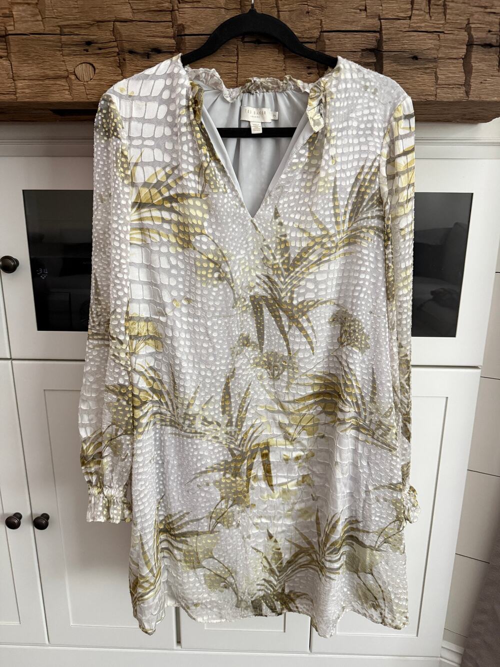 Ted Baker London Burnout Tunic Dress Size 3 US 8 Gold Palm Croc Long Sleeve
